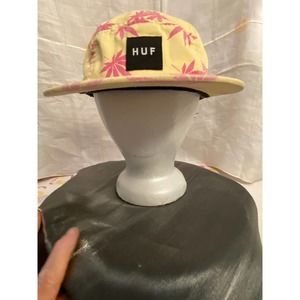 HUF Black Box Cap/Hat, Adjustable Strap back. Yellow/Pink Marijuana Pattern.